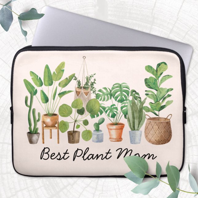 Watercolor Tropical Houseplant Mum Quote Laptop Sleeve (Close up)