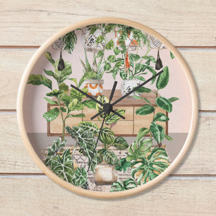 Watercolor Tropical Houseplants Clock