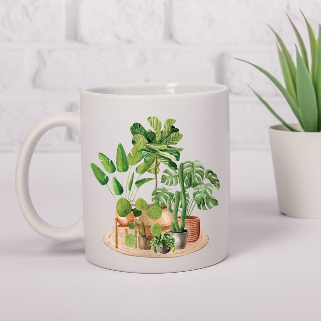 Watercolor Tropical Houseplants Coffee Mug (In situ on table)