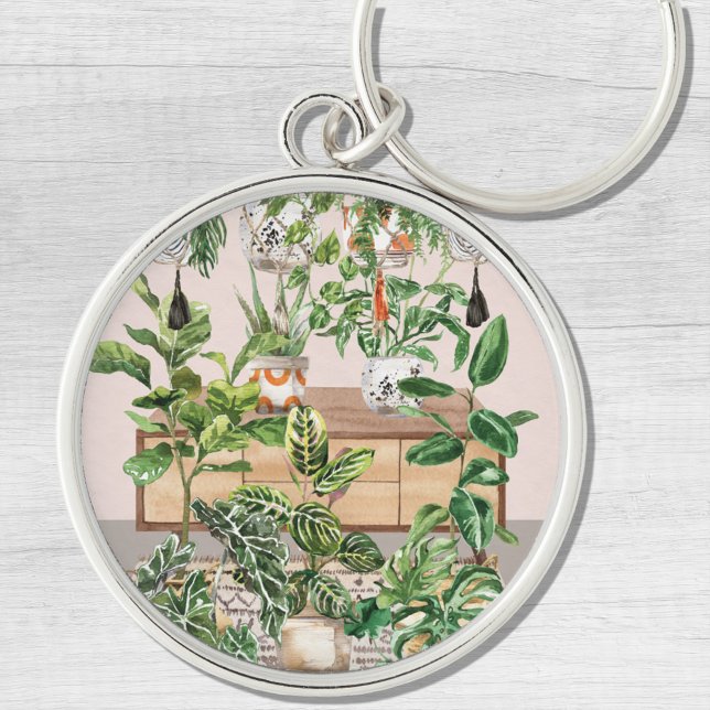 Watercolor Tropical Houseplants Key Ring (Close up)