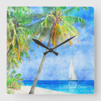 Watercolor Tropical Island Beach Palm Tree