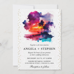 Watercolor Tropical Island Sunset Wedding Invitation