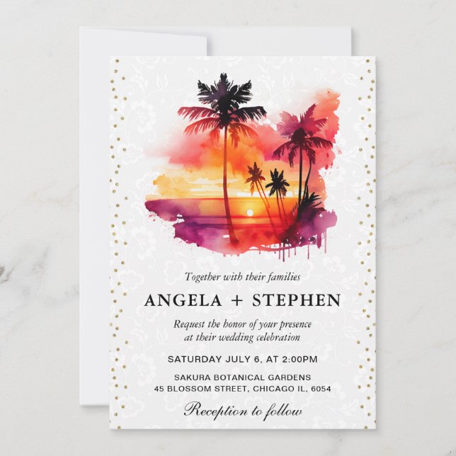 Watercolor Tropical Island Sunset Wedding Invitation (Front)