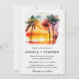 Watercolor Tropical Island Sunset Wedding Invitation