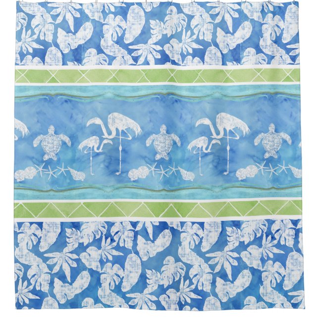Watercolor Tropical Leaf Flamingo Sea Turtle Shell Shower Curtain (Front)