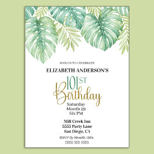 Watercolor Tropical Leaves 101st Birthday Invitation