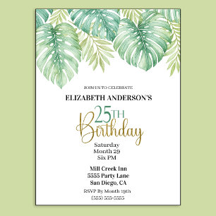 Watercolor Tropical Leaves 25th Birthday Invitation