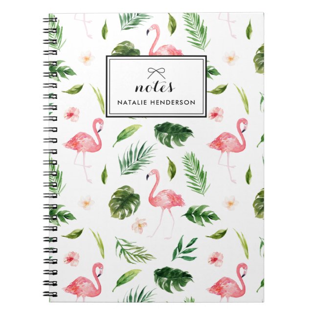 Watercolor Tropical Leaves and Flamingo Custom Notebook (Front)