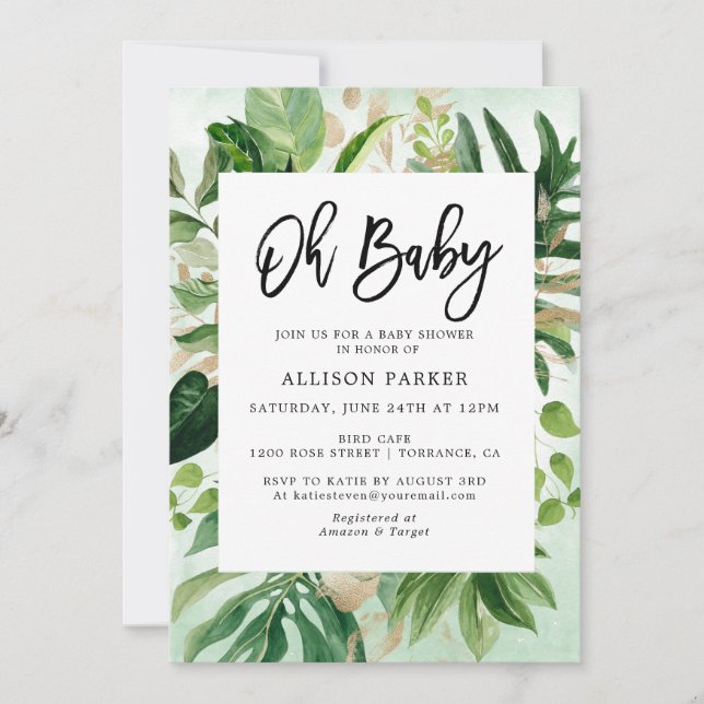 Watercolor Tropical Leaves Baby Shower Invitation (Front)
