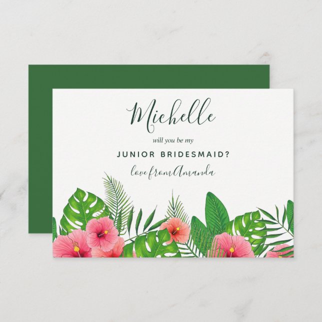 Watercolor Tropical Leaves Be My Junior Bridesmaid Invitation (Front/Back)