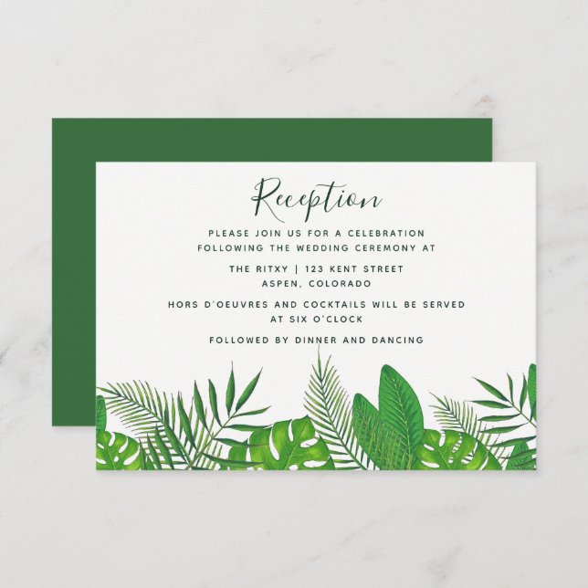 Watercolor Tropical Leaves Beach Wedding Reception Invitation (Front/Back)