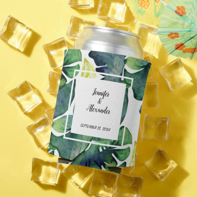 Watercolor tropical leaves bride groom Wedding Can Cooler (In Situ Summer)