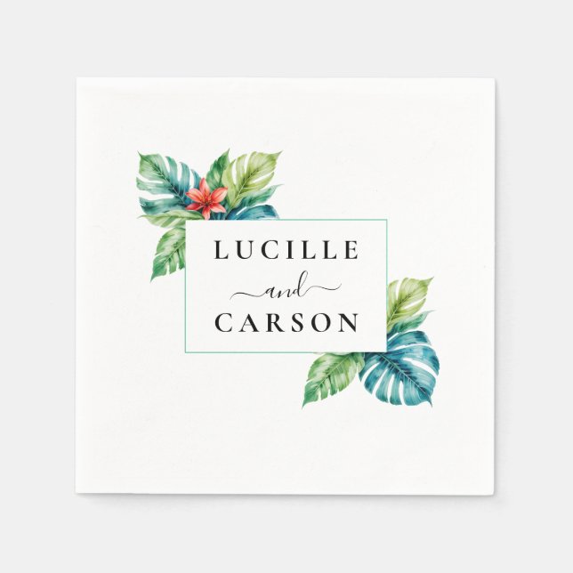Watercolor Tropical Leaves Couple Names Wedding Napkin (Front)