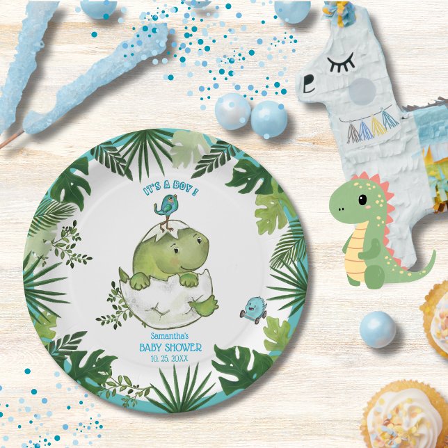 Watercolor Tropical Leaves Dino Baby Shower Plates (Watercolor Tropical Leaves Dino Baby Shower Plates)