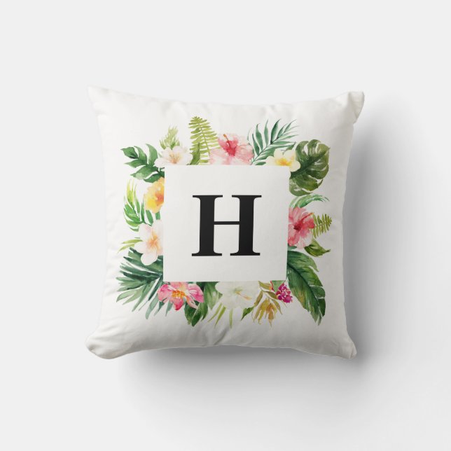 Watercolor Tropical Leaves Floral Frame Monogram Cushion (Front)