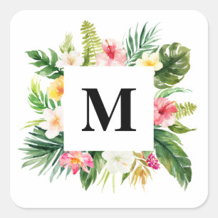 Watercolor Tropical Leaves & Floral Frame Monogram Square Sticker