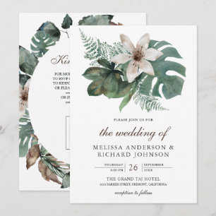 Watercolor Tropical Leaves Floral QR Code Wedding Invitation