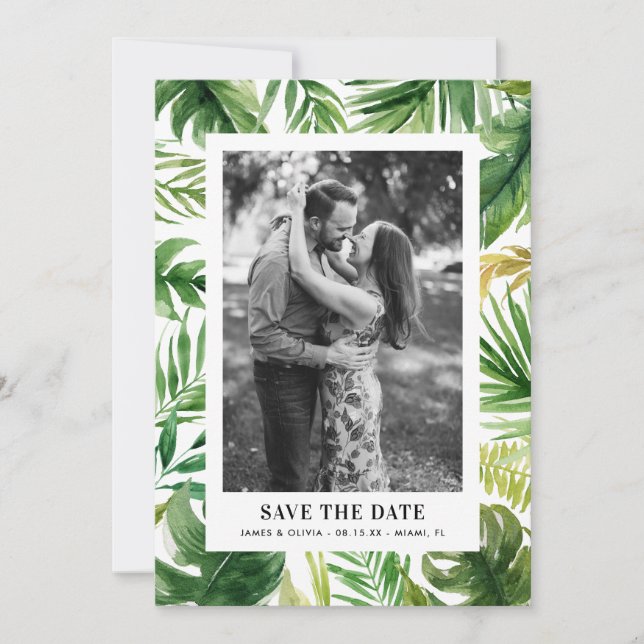 Watercolor Tropical Leaves Frame Photo Photo Save The Date (Front)