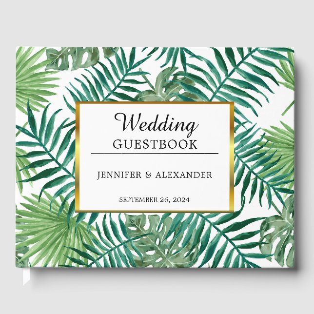 Watercolor tropical leaves gold elegant wedding guest book (Front)