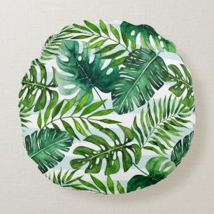 Watercolor Tropical Leaves Green Contemporary Round Cushion