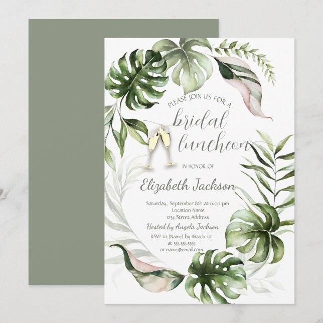 Watercolor Tropical Leaves Greenery  Invitation (Front/Back)