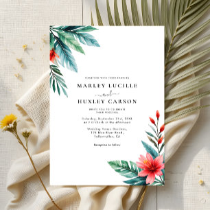 Watercolor Tropical Leaves Greenery Summer Wedding Invitation
