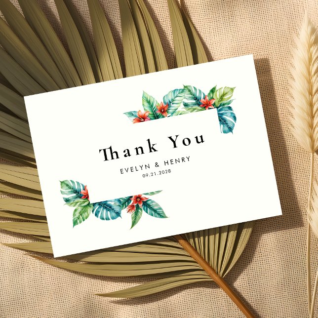Watercolor Tropical Leaves Greenery Summer Wedding Thank You Card (Creator Uploaded)