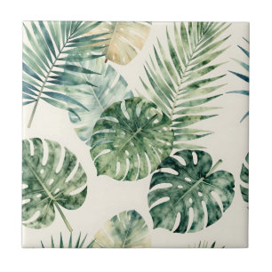 Watercolor Tropical Leaves Monstera Palm Pattern Ceramic Tile
