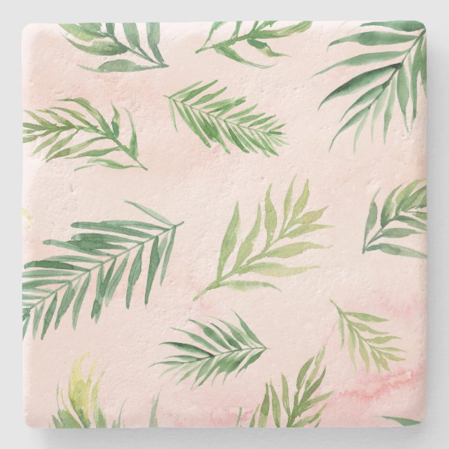 Watercolor Tropical Leaves Pastel Stone Coaster (Front)