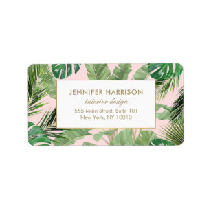 Watercolor Tropical Leaves Pattern on Pink Label