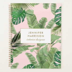 Watercolor Tropical Leaves Pattern on Pink Planner