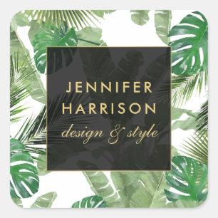Watercolor Tropical Leaves Pattern on White Square Sticker