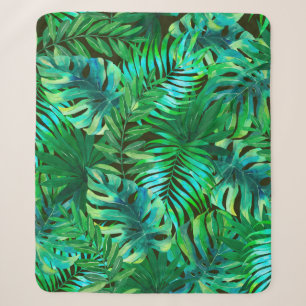 Watercolor tropical leaves pattern sherpa blanket