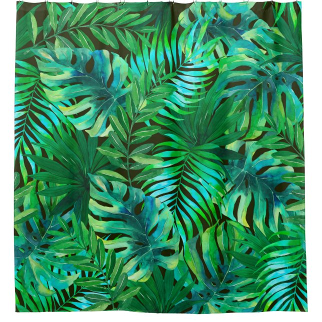 Watercolor tropical leaves pattern shower curtain (Front)