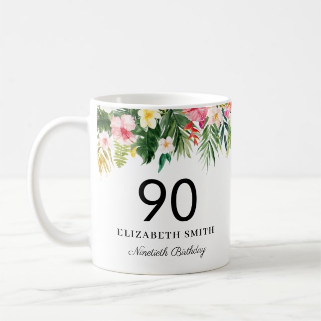 Watercolor Tropical Leaves Personalized Birthday Coffee Mug (Left)