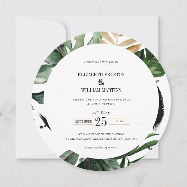 Watercolor Tropical Leaves QR Code Wedding Circle Invitation (Front)