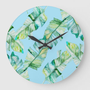 Watercolor tropical leaves, seamless illustration. large clock