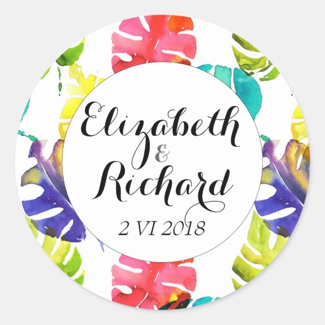 Watercolor Tropical Leaves wedding  monogram Classic Round Sticker (Front)