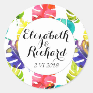 Watercolor Tropical Leaves wedding monogram Classic Round Sticker