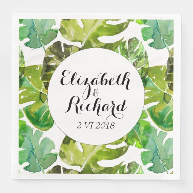 Watercolor Tropical Leaves wedding  monogram Napkin (Front)