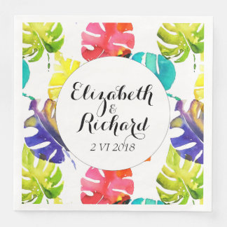 Watercolor Tropical Leaves wedding  monogram Napkin