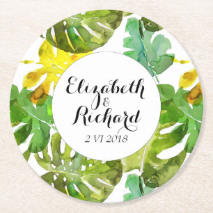Watercolor Tropical Leaves wedding  monogram Round Paper Coaster