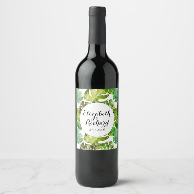 Watercolor Tropical Leaves wedding  monogram Wine Label (Front)