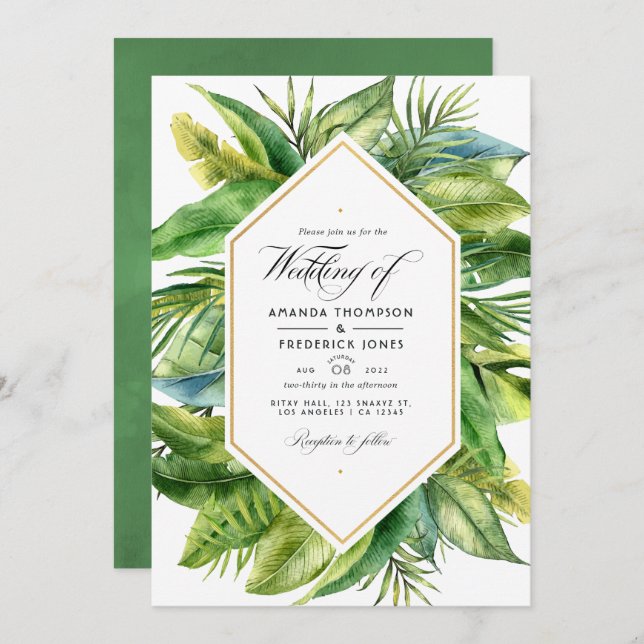 Watercolor Tropical Leaves Wedding Photo Invitation (Front/Back)