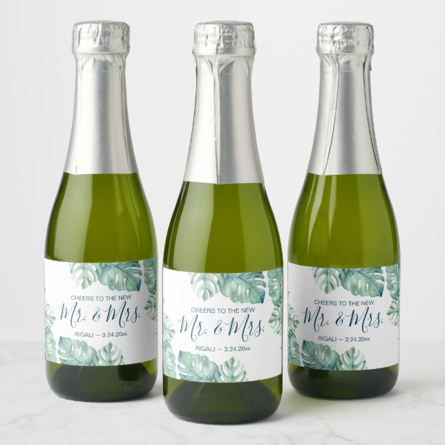 Watercolor Tropical Leaves Wedding Reception Sparkling Wine Label (Bottles)