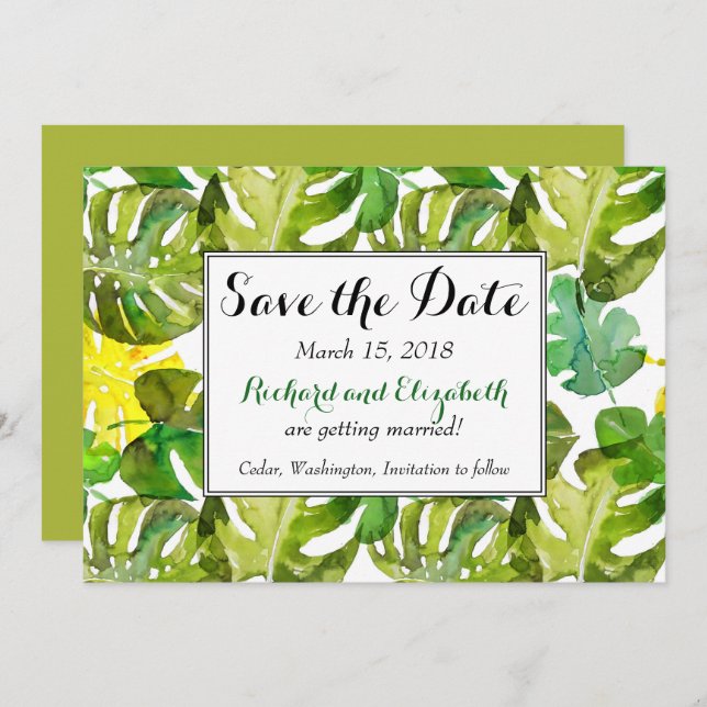 Watercolor Tropical Leaves wedding Save the Date Invitation (Front/Back)