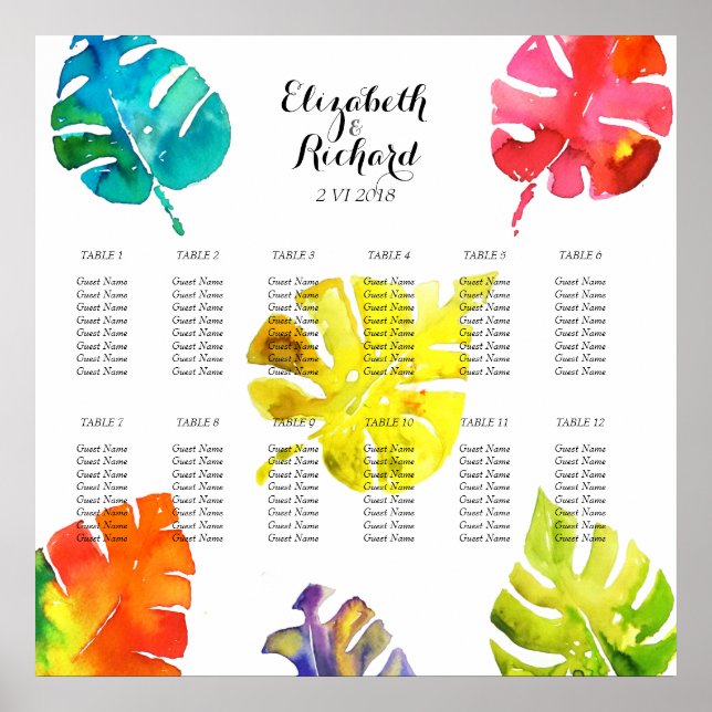 Watercolor Tropical Leaves wedding Seating Chart (Front)