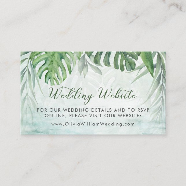 Watercolor Tropical Leaves Wedding Website Enclosure Card (Front)
