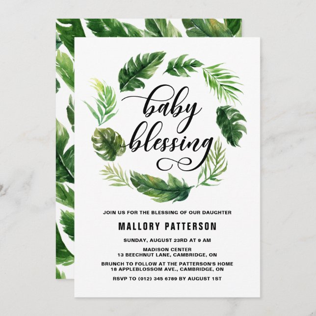 Watercolor Tropical Leaves Wreath Baby Blessing Invitation (Front/Back)