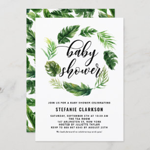 Watercolor Tropical Leaves Wreath Baby Shower Invitation